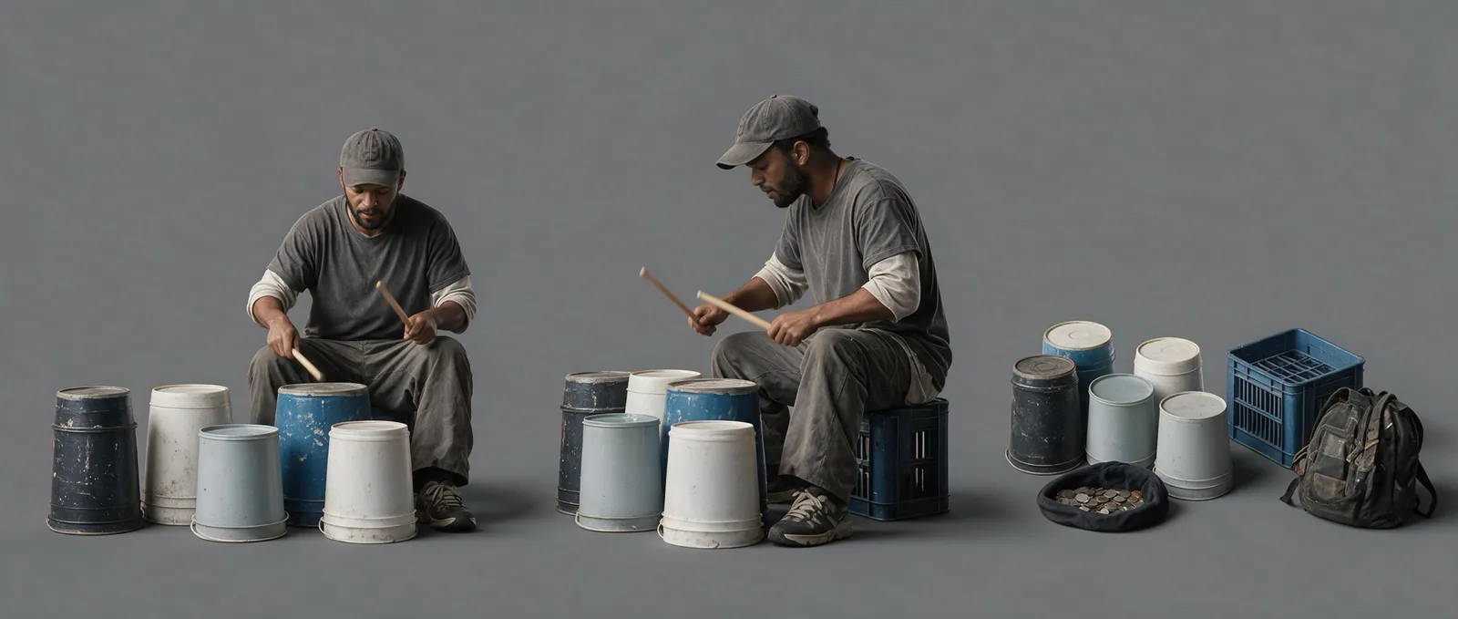 Seedance 2.5 character reference — street drummer on plastic buckets
