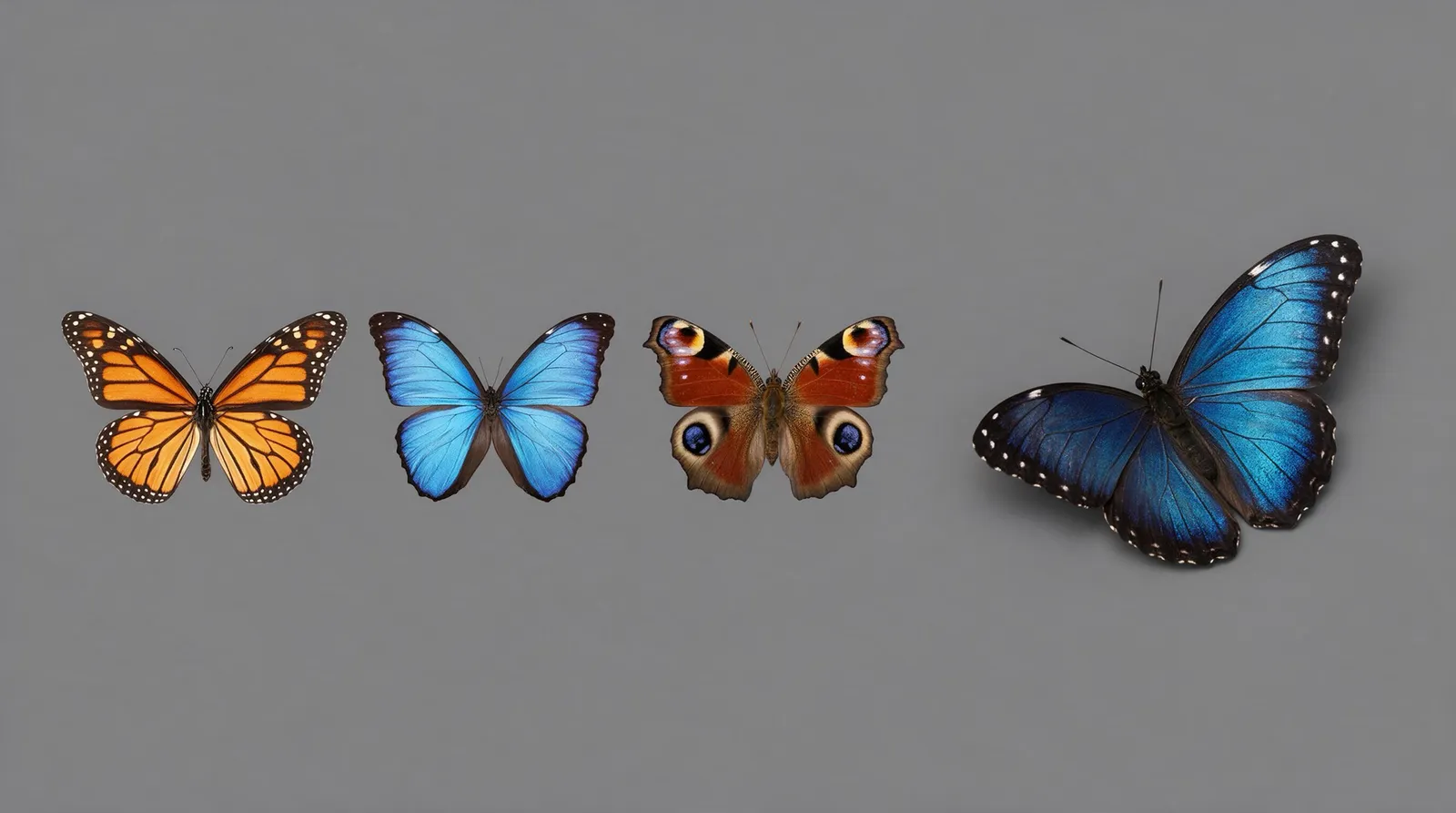 Seedance 2.5 reference — monarch, morpho and peacock butterflies