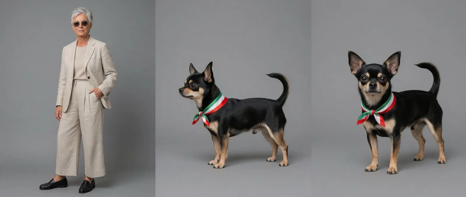 Seedance 2.5 character reference — woman in a linen suit with a chihuahua