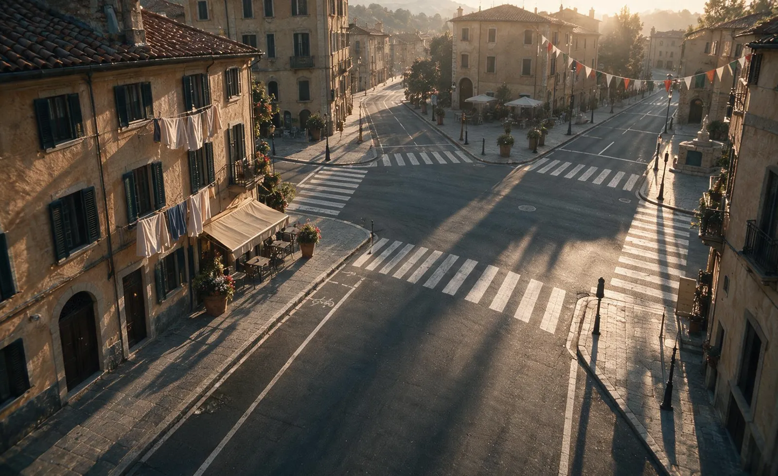 Seedance 2.5 location reference — sunlit Italian town crossroads