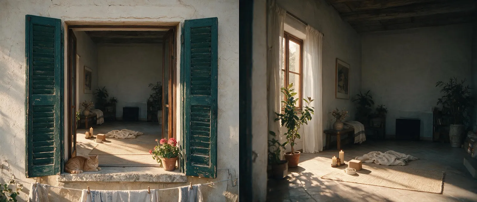 Seedance 2.5 location reference — open window with shutters and the meditation room